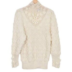 Vintage Braemar Knitted By Hand Cream Crochet High Neck Wool Blend Sweater Med